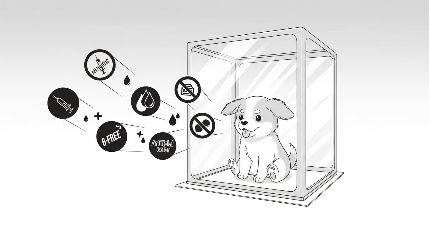 유해물질-아이콘들이-다가오지만-보호막-안에서-안전한-강아지-캐릭터