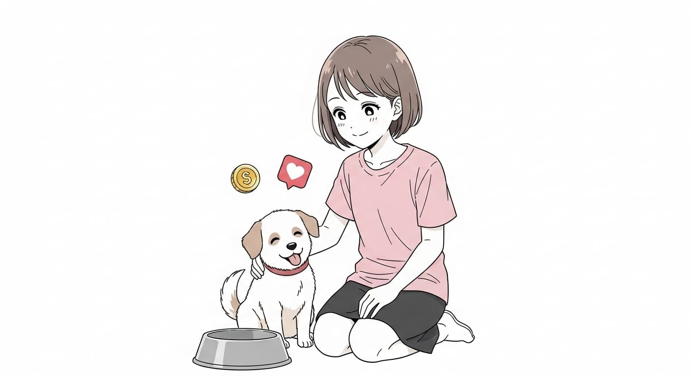 강아지와-보호자가-함께-사료-그릇을-보며-만족스럽게-웃는-모습